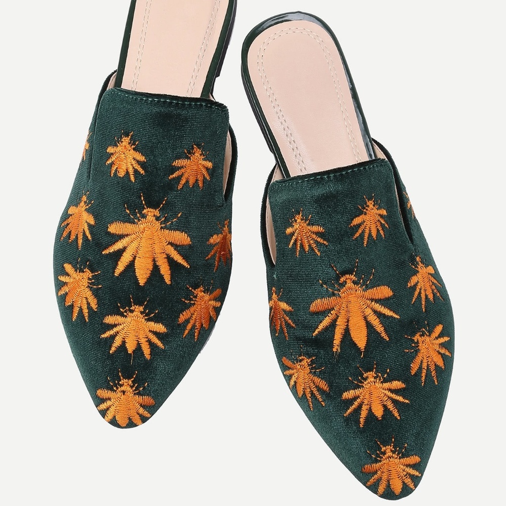 Insect Embroidery Flat Mules